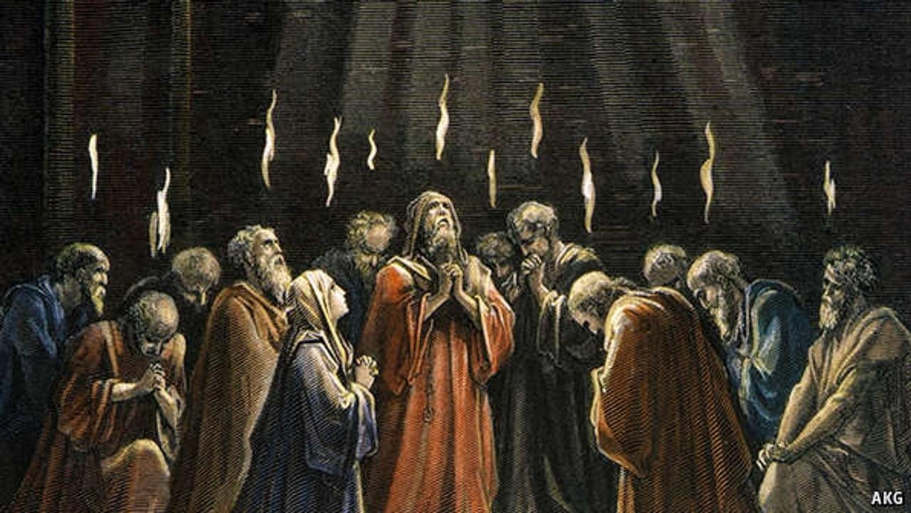 A biblical illustration of Pentecost and the Baptism of the Holy Spirit, showing disciples in prayer with tongues of fire above their heads as divine light descends.