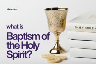 Golden chalice, white Holy Bible, and communion bread with the text “What is Baptism of the Holy Spirit?