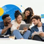 How do I build better habits? Four young adults planning daily routines together, with blue and yellow graphics representing consistency and personal growth.