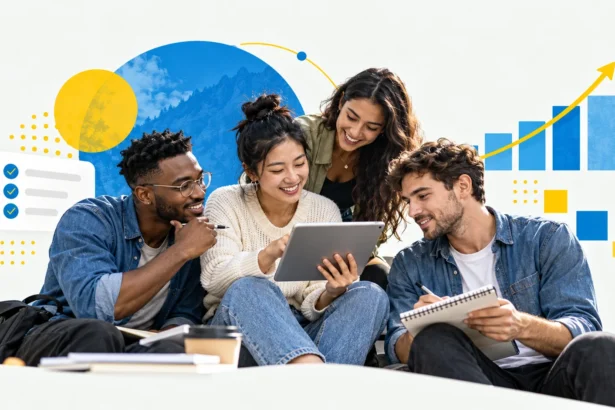 How do I build better habits? Four young adults planning daily routines together, with blue and yellow graphics representing consistency and personal growth.