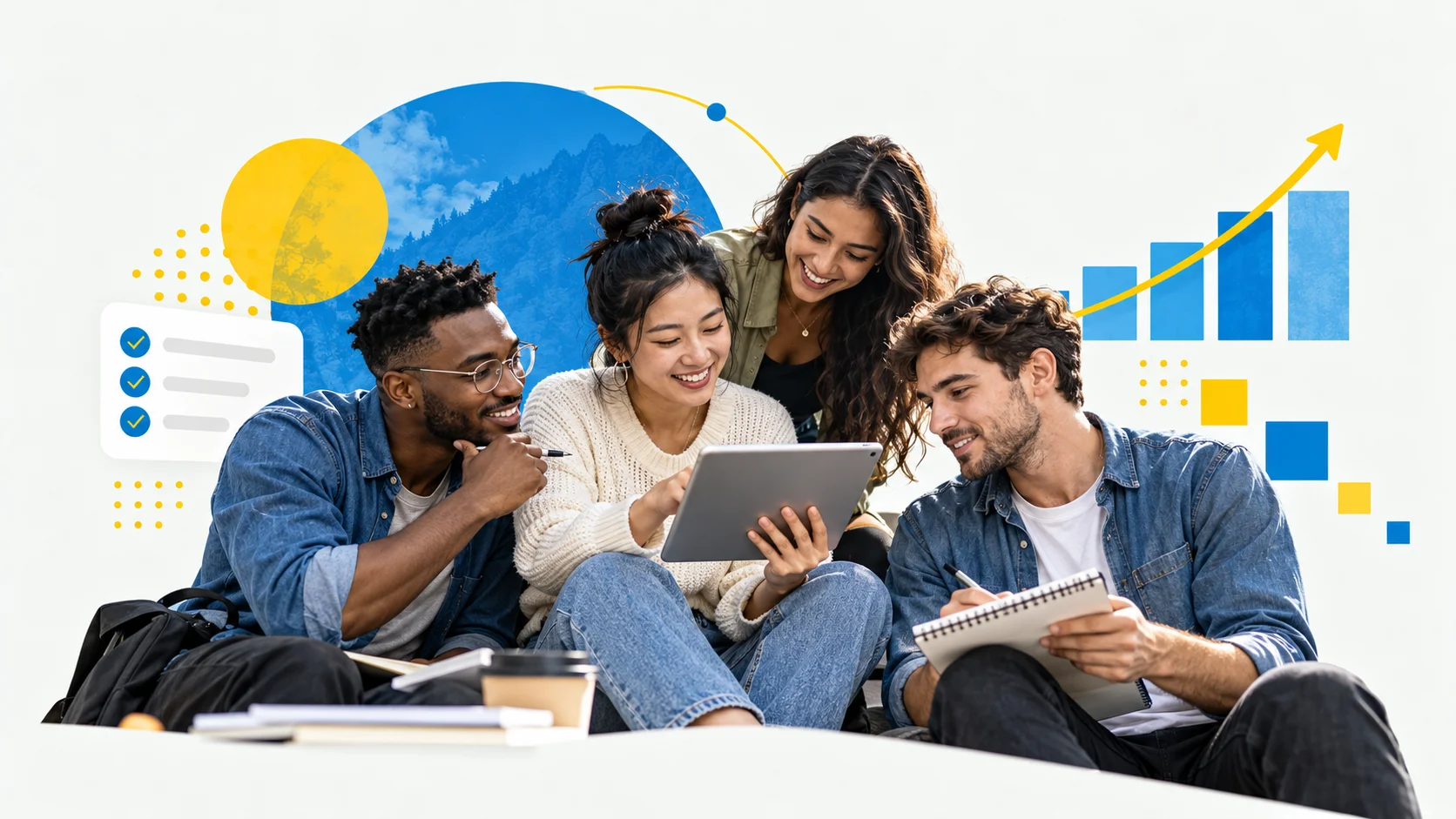 How do I build better habits? Four young adults planning daily routines together, with blue and yellow graphics representing consistency and personal growth.
