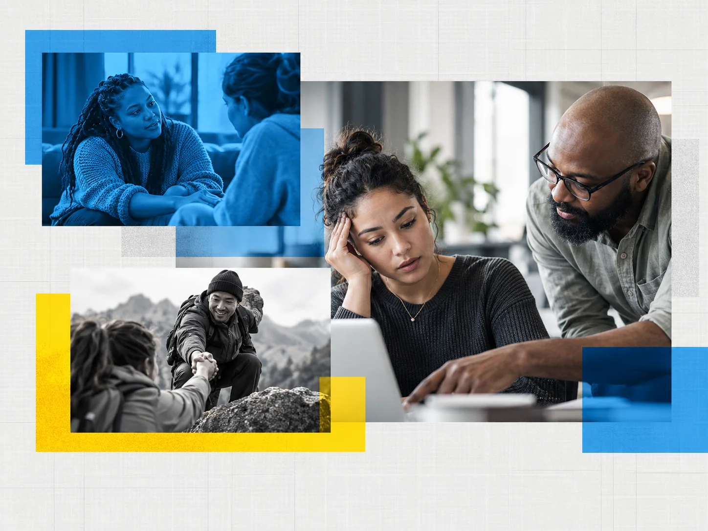 How do I know when to ask for help? Diverse people receiving emotional support, practical assistance, and guidance from others.