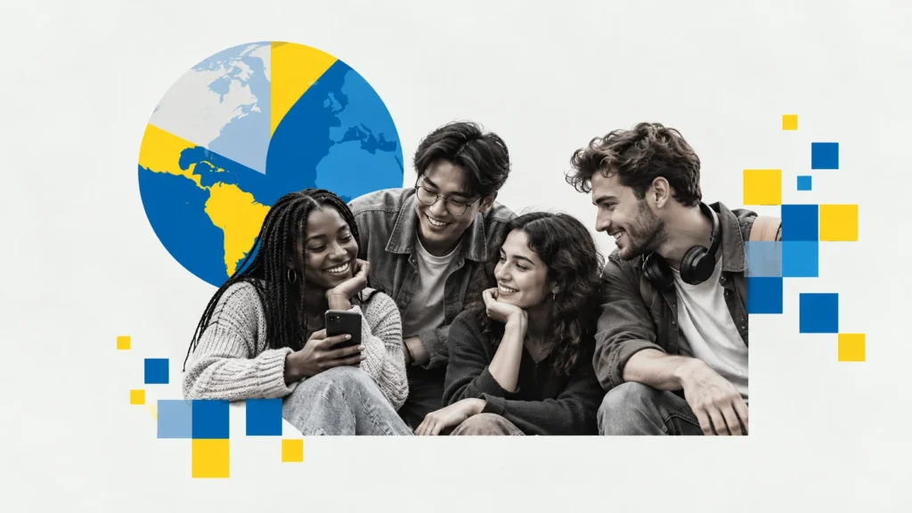 A diverse group of four young adults sharing a thoughtful moment, surrounded by blue and yellow graphics representing connection, identity, and self-discovery.