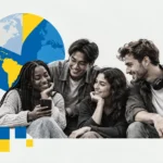 A diverse group of four young adults sharing a thoughtful moment, surrounded by blue and yellow graphics representing connection, identity, and self-discovery.