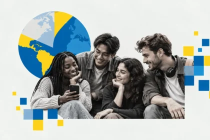 A diverse group of four young adults sharing a thoughtful moment, surrounded by blue and yellow graphics representing connection, identity, and self-discovery.