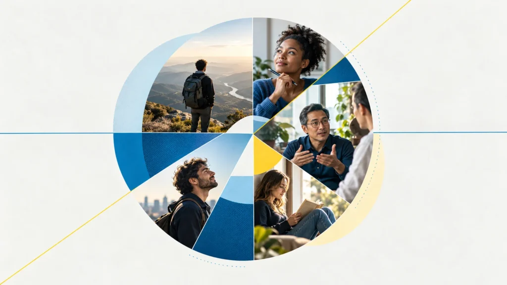Circular collage of people reflecting, reading, exploring nature, and sharing ideas, representing different paths to finding purpose in life.