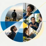 Circular collage of people reflecting, reading, exploring nature, and sharing ideas, representing different paths to finding purpose in life.