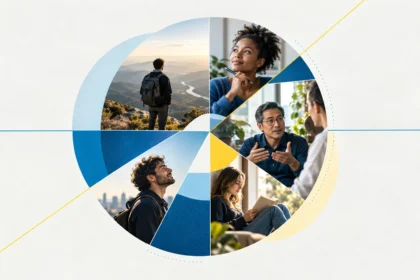 Circular collage of people reflecting, reading, exploring nature, and sharing ideas, representing different paths to finding purpose in life.