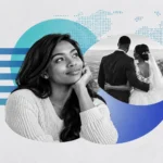 Young woman reflecting on whether she is ready for marriage, with a newlywed couple in the background asking How do I know I'm ready to get married