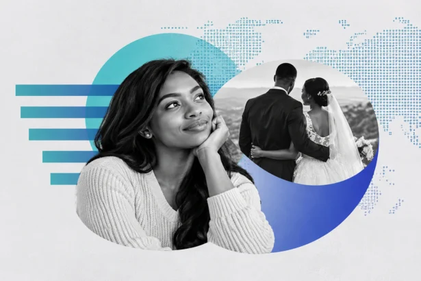 Young woman reflecting on whether she is ready for marriage, with a newlywed couple in the background asking How do I know I'm ready to get married
