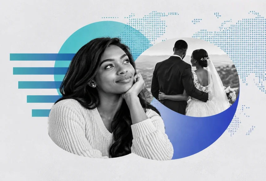 Young woman reflecting on whether she is ready for marriage, with a newlywed couple in the background asking How do I know I'm ready to get married