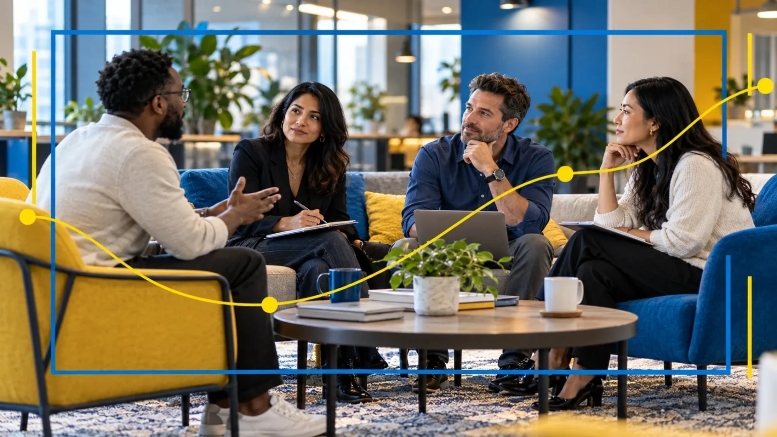 Four diverse professionals having a thoughtful workplace discussion in a modern office lounge on How Do I Know If I'm in the Wrong Career