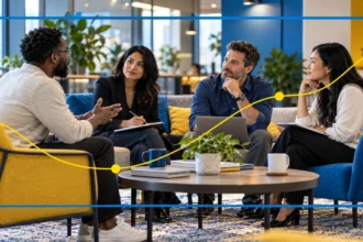 Four diverse professionals having a thoughtful workplace discussion in a modern office lounge on How Do I Know If I'm in the Wrong Career