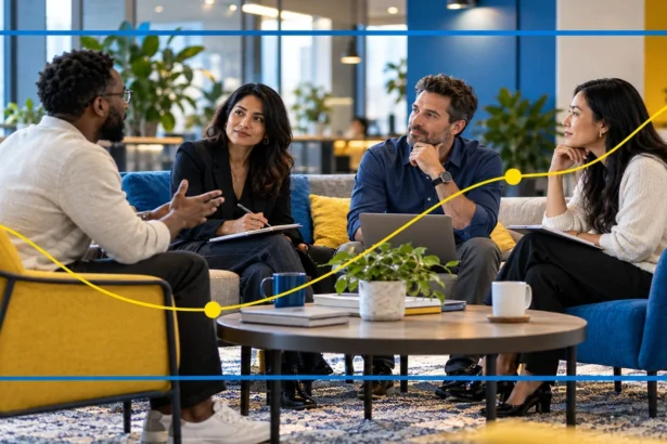 Four diverse professionals having a thoughtful workplace discussion in a modern office lounge on How Do I Know If I'm in the Wrong Career