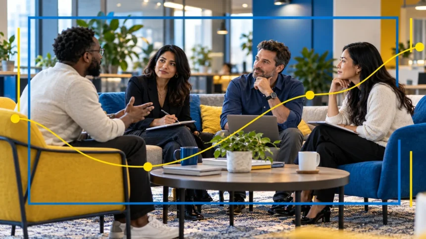 Four diverse professionals having a thoughtful workplace discussion in a modern office lounge on How Do I Know If I'm in the Wrong Career